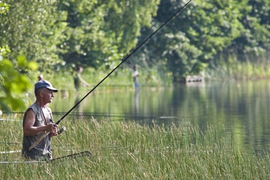 Rybář stojící v rybníku